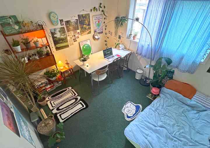 青い寝具とフロアランプがあるワンルーム寝室、植物とデスクが調和したシンプルで自然な雰囲気のインテリア