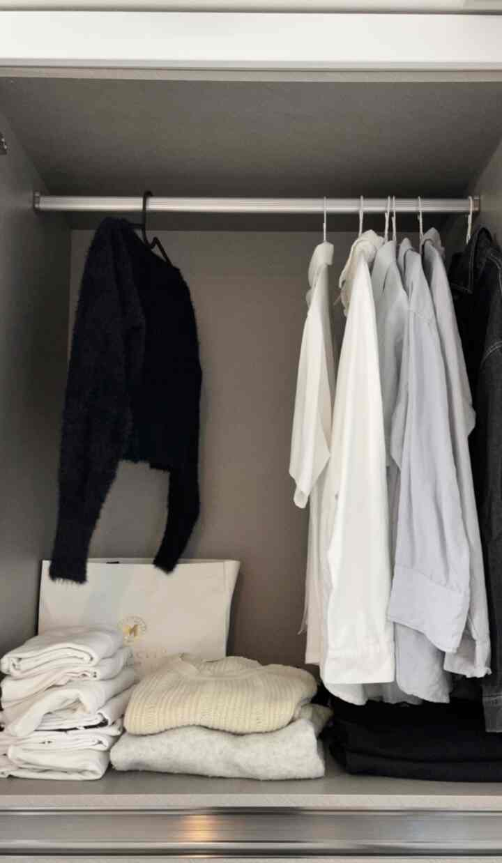 ホワイトとブラックのトーンでまとめられた一人暮らしの衣類整理されたクローゼットスペース