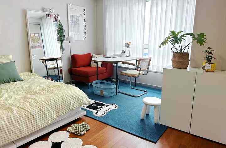 🇰🇷 床を隠し、ゾーニングにラグを活用！デザイナーのワンルーム