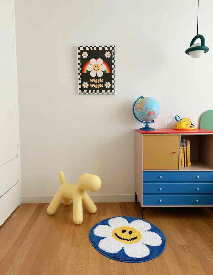 白い壁と木目調の床の子供部屋、黄色い犬型スツールと青い花柄ラグが置かれた明るくかわいい空間