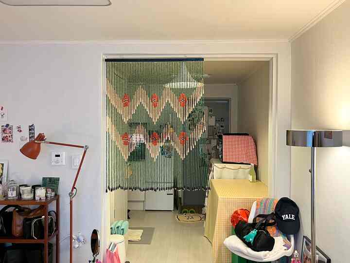 白を基調とした玄関とキッチンの間に緑とベージュのビーズカーテンが配置された、狭くて居心地の良い空間