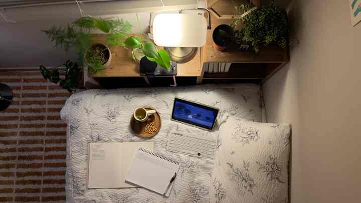 ブラウンの木目調と白い寝具、植物が配置された心地よい寝室兼作業スペース