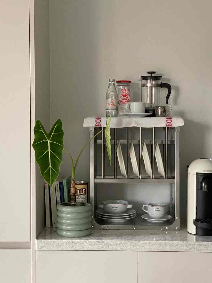 白を基調としたキッチン、ステンレスの食器ラックとコーヒーマシン、緑の観葉植物が置かれた清潔感のある空間
