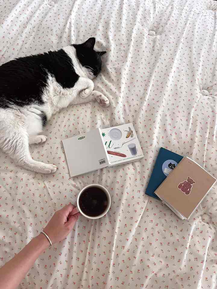 柔らかい花柄寝具の上で休む白黒の猫と、手に持つコーヒーカップが見える居心地の良い寝室の風景