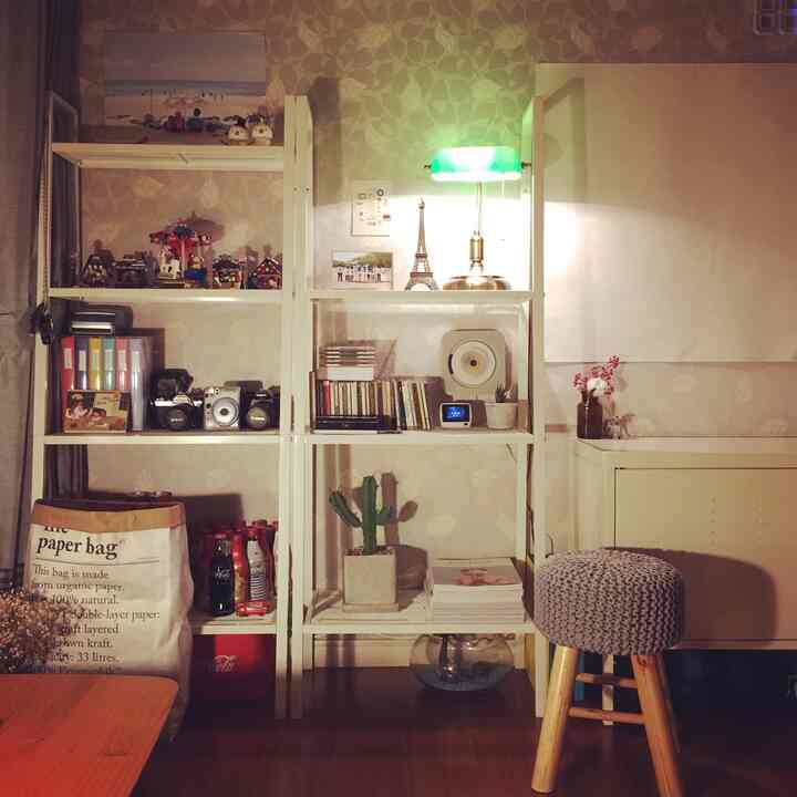 Beige-toned wallpaper and white metal shelves with a green bank stand lamp in a cozy single household room