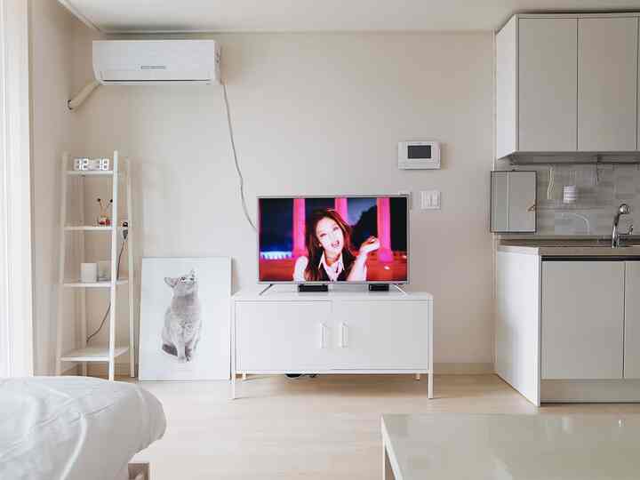 白とベージュのモノトーンワンルーム、テレビ台と猫のアートが配置された印象的でシンプルな空間