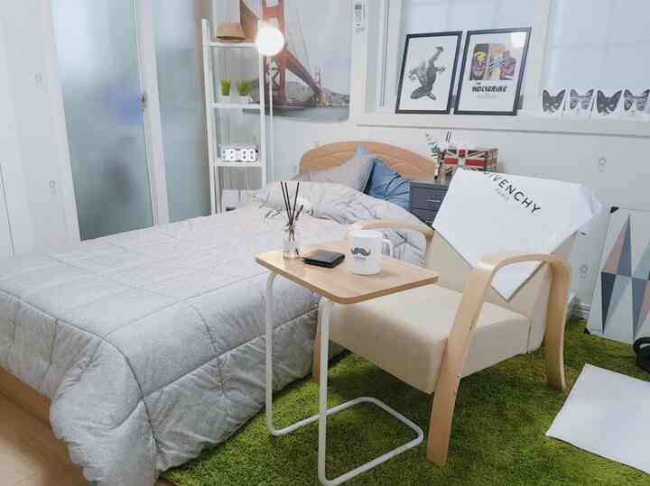 Bright natural toned studio bedroom featuring central bed, armchair, and green rug creating a cozy atmosphere