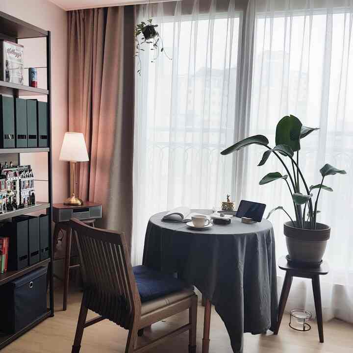 Natural wood tones and curtains blend in a study-style living room, featuring a table by the window, bookshelf, and plants creating a cozy space
