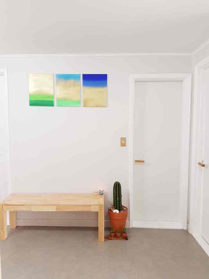 White walls and natural wood bench with potted cactus forming a minimalist, natural entryway area before bathroom
