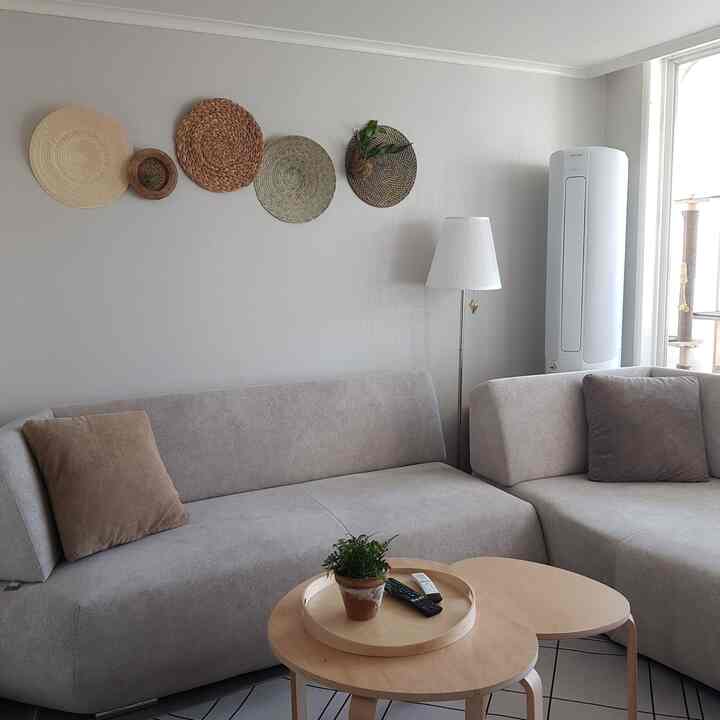 Neutral natural tone living room featuring rattan wall decor and cat-friendly sectional sofa creating cozy atmosphere