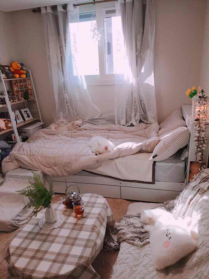 Bright white and beige bedroom featuring checkered bedding and sofa creating a warm and cozy atmosphere