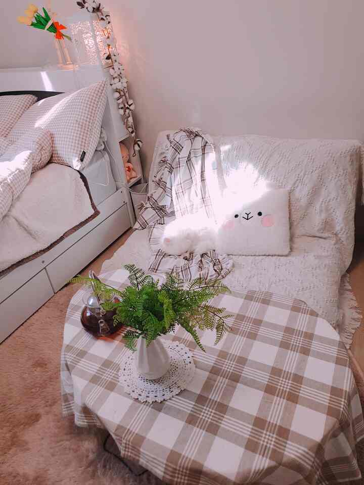 Natural color tone small living room for single household featuring sofa, small table and a pet dog resting comfortably