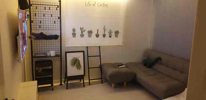 グレー調のリビング兼寝室、グレーのソファとスツール、白い壁にサボテンのアートが配置されたモダンでナチュラルな雰囲気のインテリア