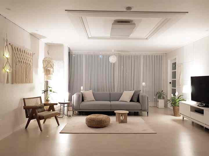 Natural color tone living room featuring gray sofa, rattan chair and stool with warm, cozy atmosphere