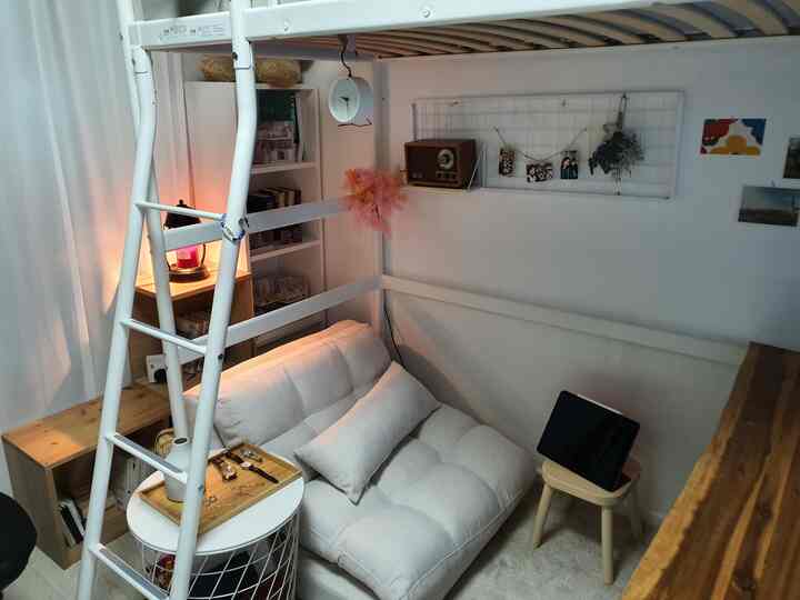 White and wood tone compact and small single household living space featuring a loft bed above sofa bed with minimal decor