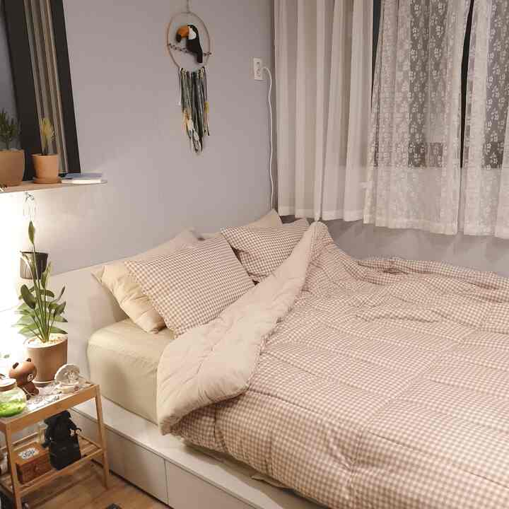Beige and ivory toned bedroom featuring a microfiber checked duvet, pillows, nightstand, and lace curtains with a cozy atmosphere