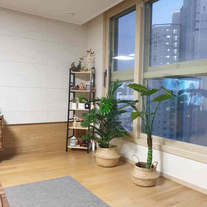 Natural wood tone living room with large artificial plants, featuring a black frame bookshelf and mini potted plants creating a cozy atmosphere