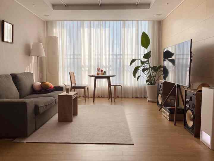 Natural-toned living room featuring sheer curtains, round dining table, dark gray sofa, and large plant creating a warm atmosphere