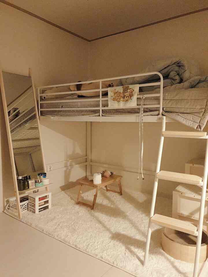 White and wood tone loft bedroom featuring a loft bed, full-length mirror, and compact furniture in a simple layout