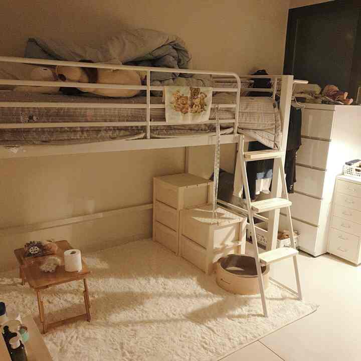 Natural color bedroom featuring a bunk bed, separated drawer units, and a cozy rug-covered floor