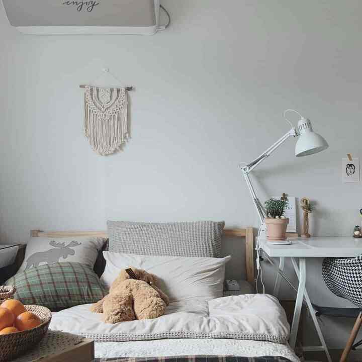 Ivory and natural tone bedroom featuring a wooden bed, cushions, and a desk with lamp and plant creating a cozy space