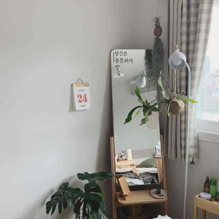 Natural and white toned corner of a living room featuring a full-length mirror and various plants creating a cozy atmosphere