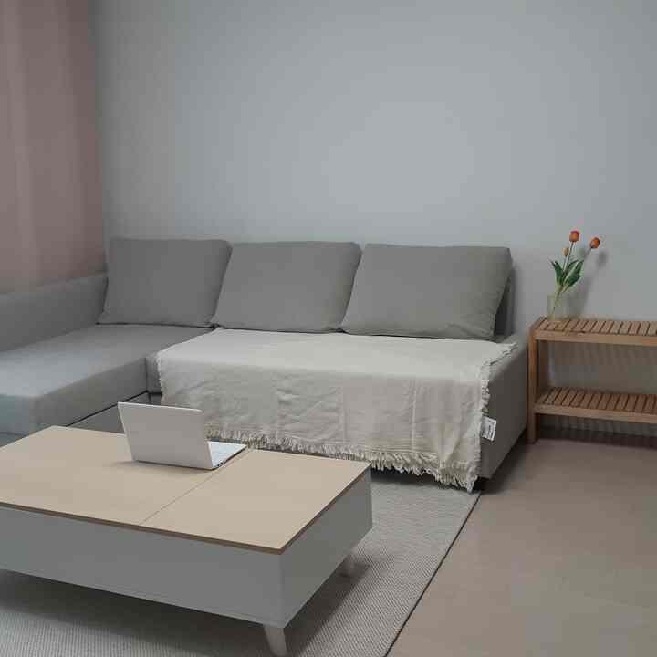Soft gray and beige toned living room featuring a light wood coffee table and gray sofa in a simple, natural setting