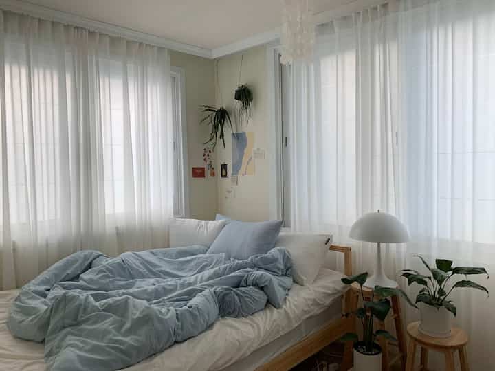 White and sky blue toned bedroom featuring wooden bed and stools, plants, and sheer curtains creating a cozy atmosphere