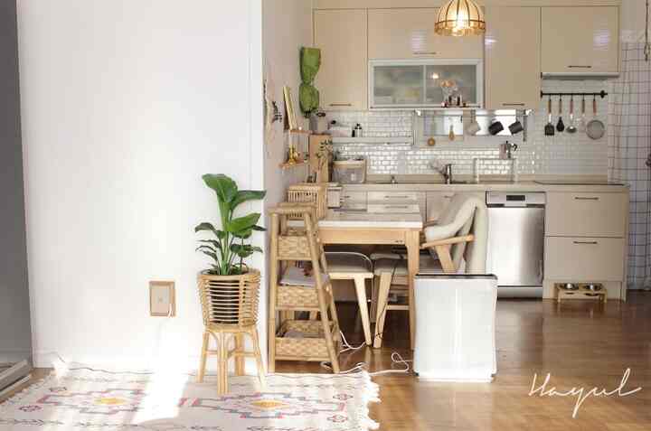 A warm beige and wood tone kitchen space featuring rattan plant stand and dining chairs, creating a natural atmosphere