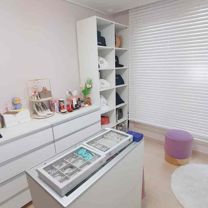 Walk-in closet with pink walls and white furniture, featuring dressers, bag shelving, and white wood blinds creating a lovely interior