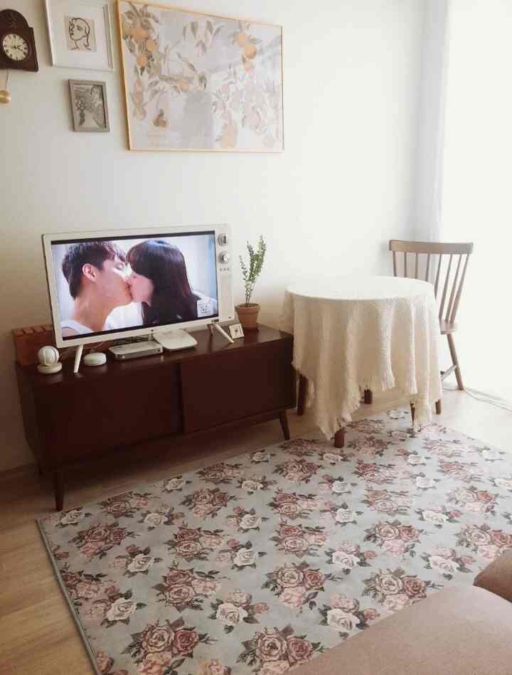 Natural toned living room featuring floral rug, round table with cover, TV, and plant in a cozy setting