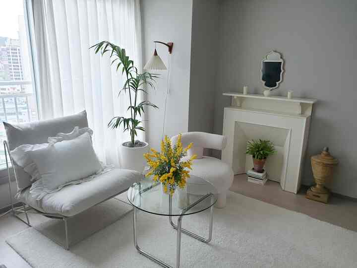 Bright white-toned living room featuring white sofa, decorative fireplace, and plants blending natural interior style