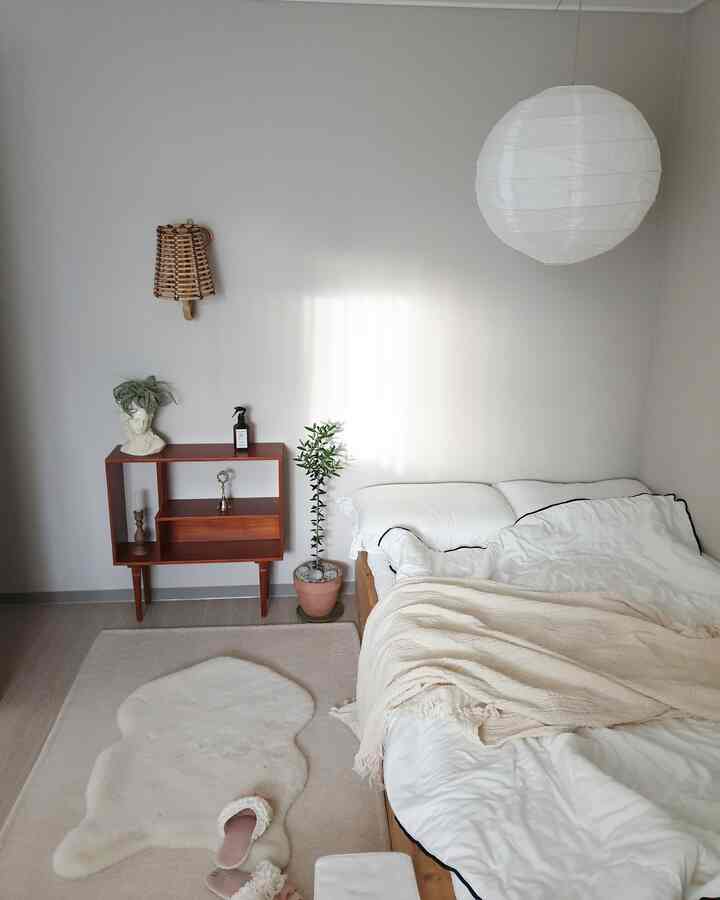 Natural-toned bedroom featuring wood tone furniture and rugs creating a cozy atmosphere