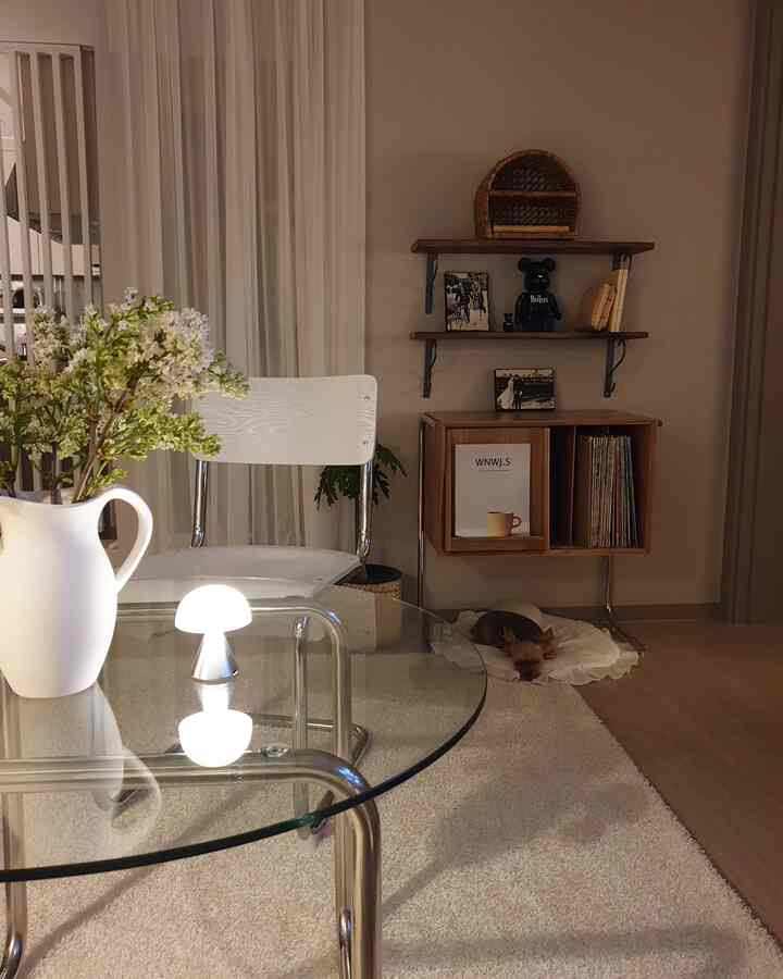 ナチュラルトーンと白が調和するリビング、ガラステーブルとテーブルランプ、犬がくつろぐ雰囲気のあるインテリア