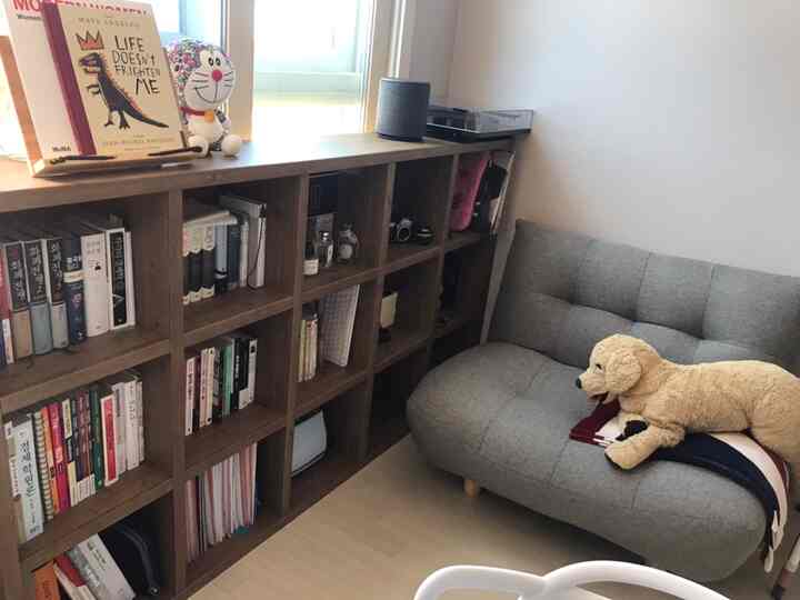 Gray and wood tone living room featuring a gray sofa and wooden bookshelf in a cozy setting
