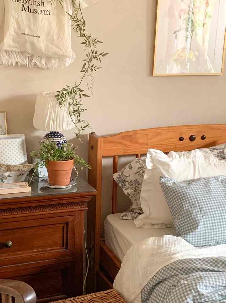 Beige-toned bedroom featuring a wooden bed, dark wooden nightstand, plant, and bedding set with a natural vintage atmosphere