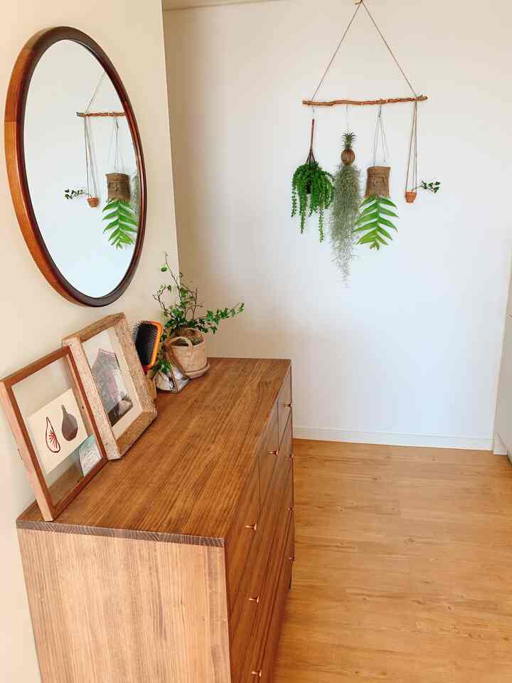 Natural-toned entrance featuring a wooden dresser, round mirror, and hanging plants creating a bright atmosphere