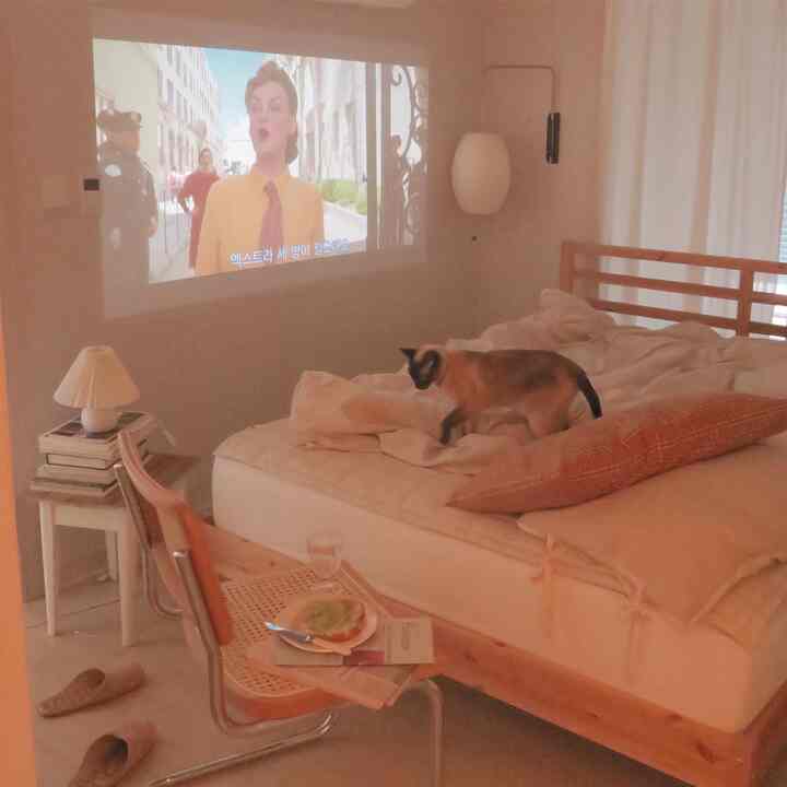 Beige natural-toned bedroom featuring a wooden bed, wall sconce, and projector for home cinema setup in a cozy atmosphere