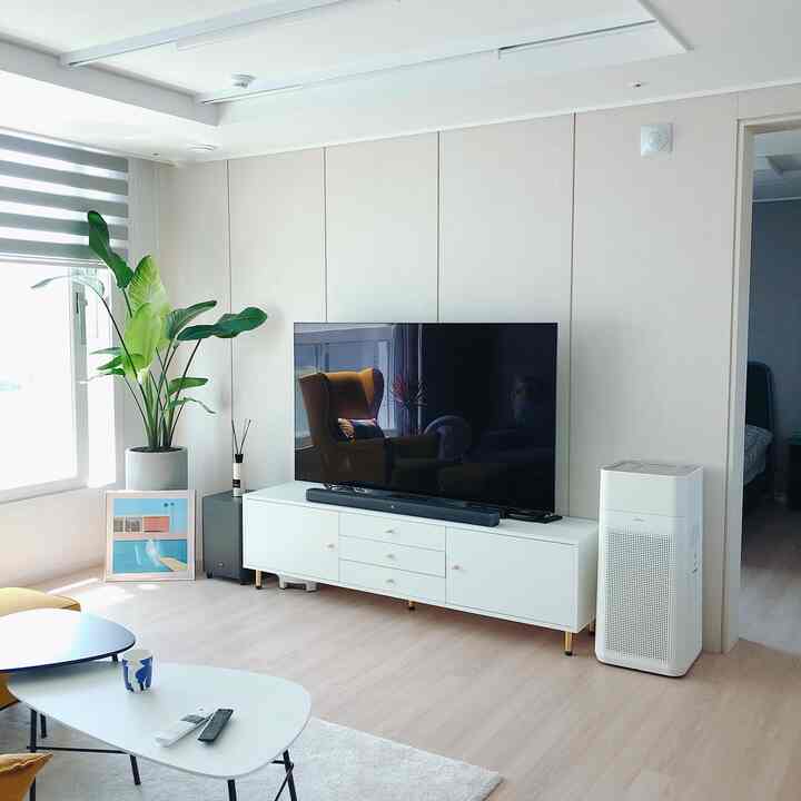 White-toned living room featuring a white TV stand, air purifier, green plant and picture frame on the left, conveying a modern atmosphere