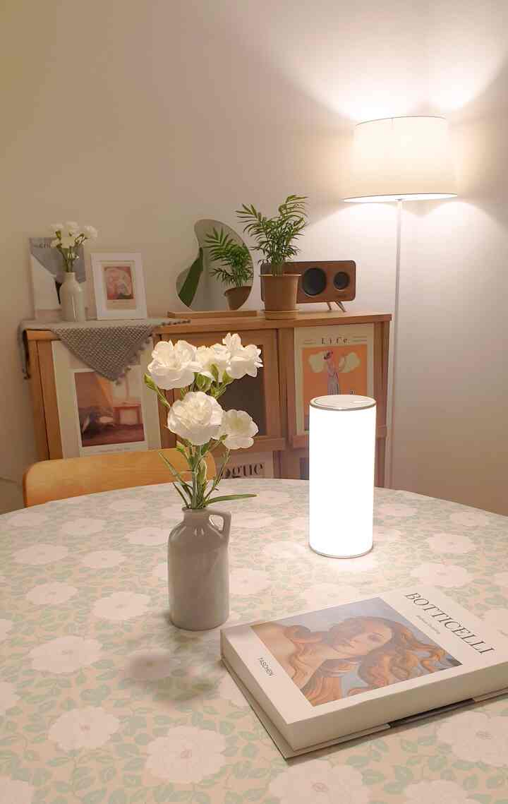 Cozy living space in white and natural tones featuring a dining table with a vase, soft lighting, and wooden cabinet accents in a natural modern style