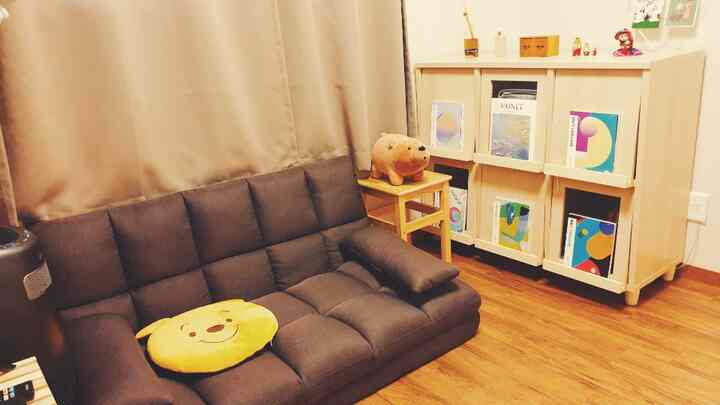 Natural tone living room featuring beige blackout curtains, brown wood flooring, dark gray sofa bed, and magazine rack