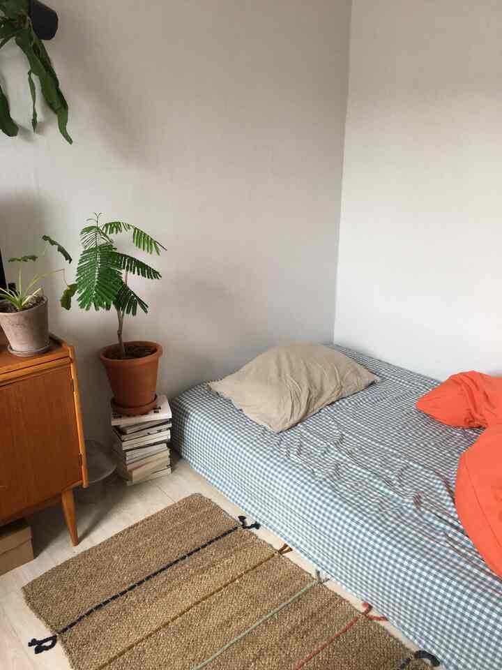 ナチュラルな色調の一人暮らし用寝室、チェック柄のマットレスカバーとベージュの枕が配置されたコンパクトな空間