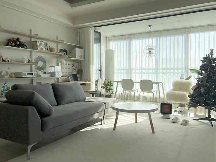 Bright white-toned living room featuring a gray sofa and study-style wall shelves in a natural modern space