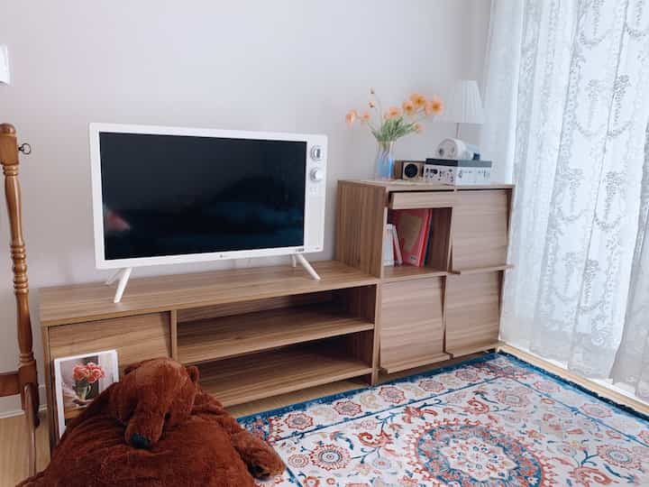 White and brown toned living room featuring a TV stand, cabinets, a patterned rug, and a large brown stuffed dog for a cozy atmosphere