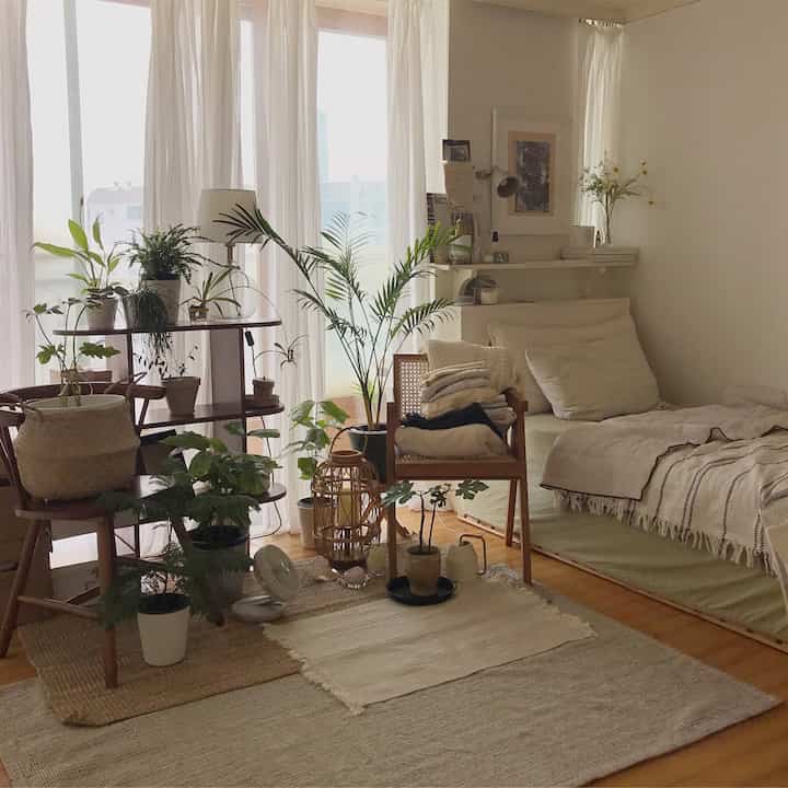 Beige and wood-toned living room featuring plants and natural materials with a cozy atmosphere