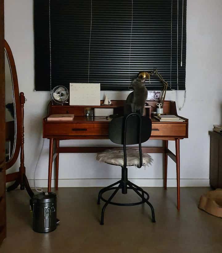 A natural wood tone and black study featuring a desk with a gray cat seated on chair, showcasing a neat remote work setup