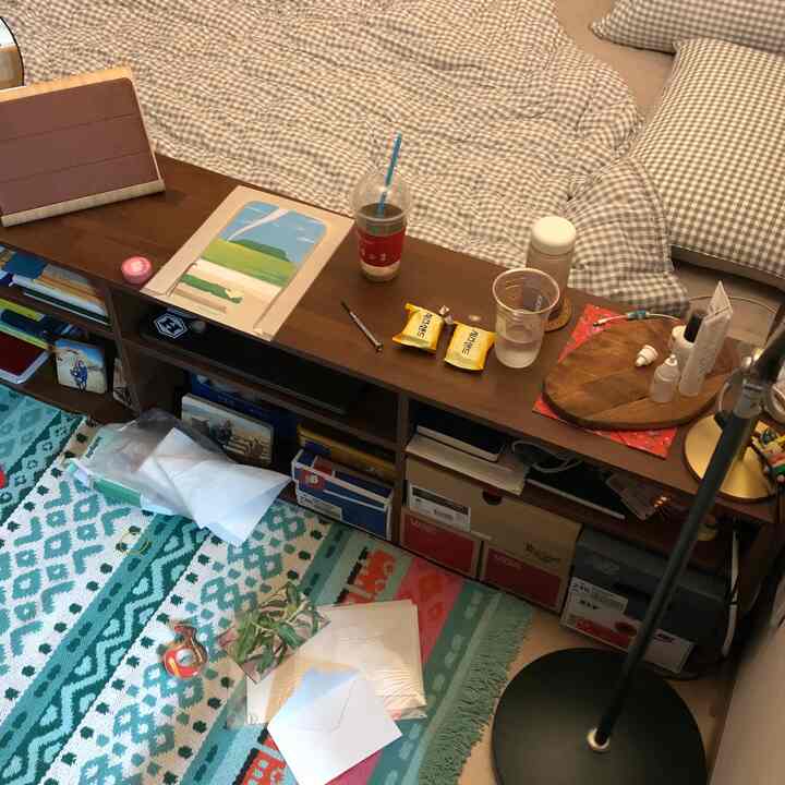 Cozy small study and bedroom featuring natural brown wood tones, checkered bedding, and floral patterned carpet