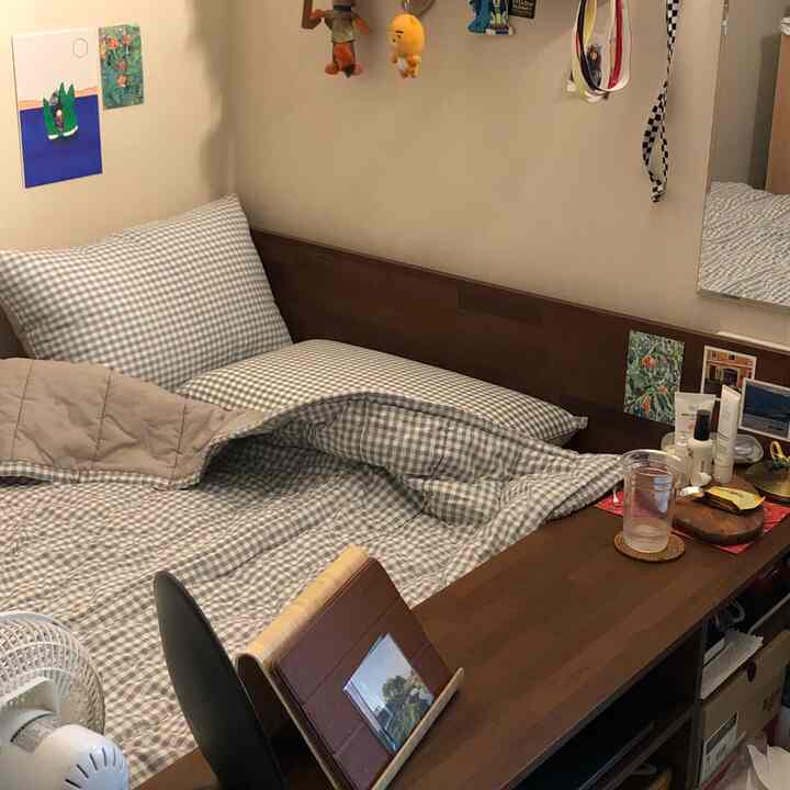 木目調とベージュの寝室、チェック柄の寝具とチェストが配置された雰囲気のある小さな部屋