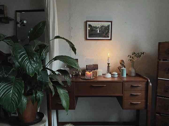 Natural vintage style vanity space in warm wood and brown tones, featuring a large plant, picture frame, and beeswax candles creating a cozy atmosphere