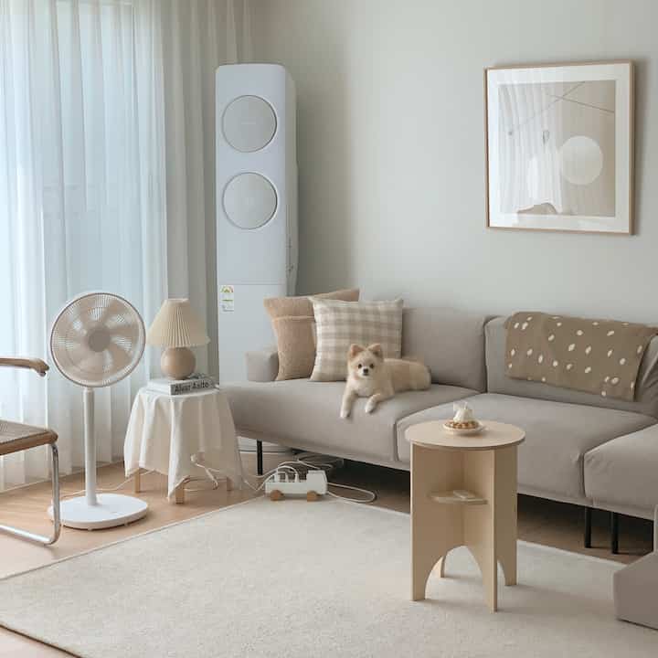 柔らかなナチュラルトーンのリビング、ベージュのソファとラグ、テーブルの上に可愛い犬がいる雰囲気のある空間